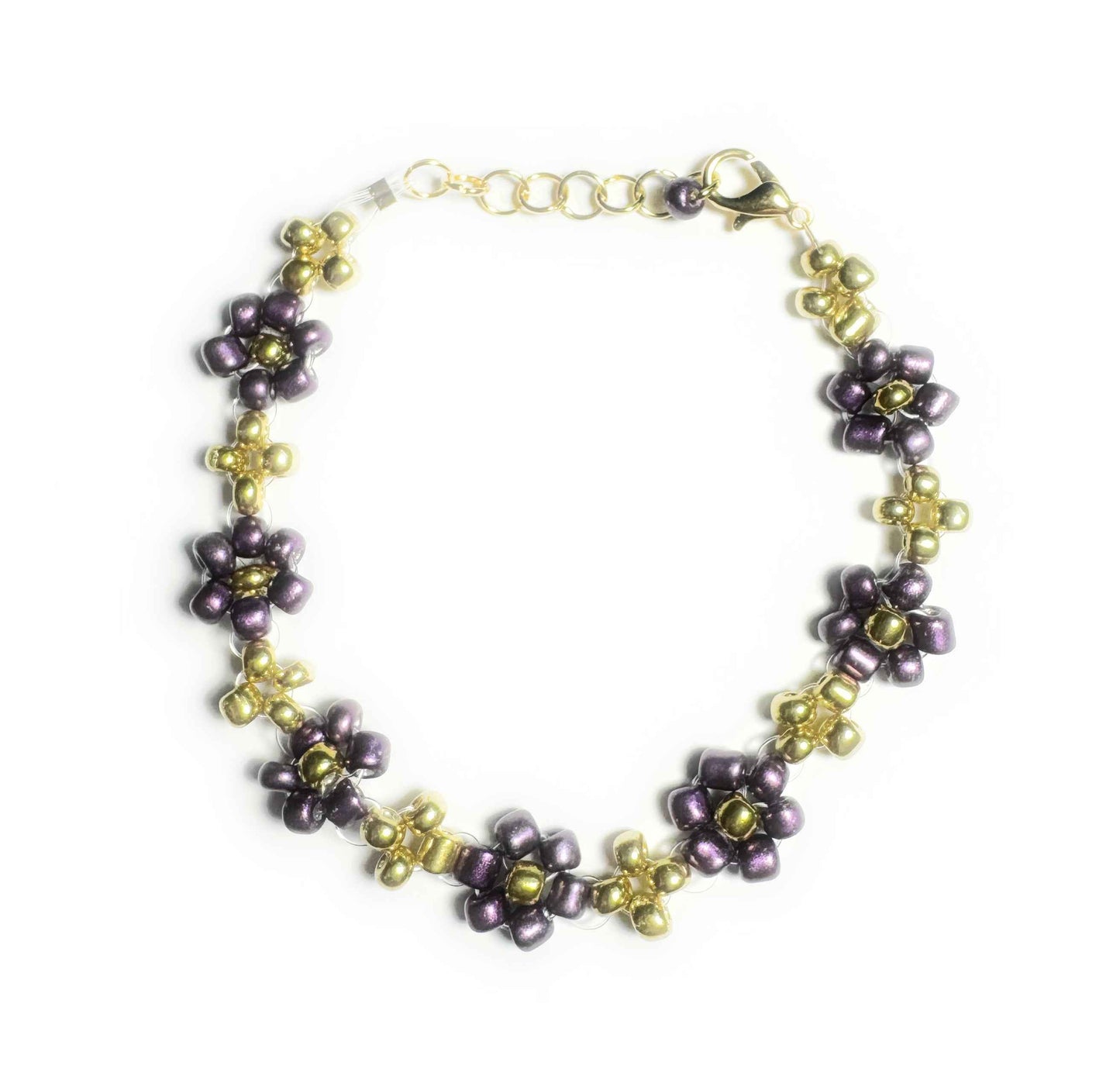 Purple and Gold Daisy Seed Bead Bracelet with Lobster Clasp