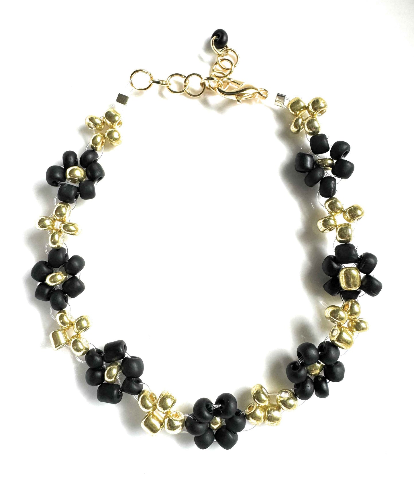 Black and Gold Daisy Seed Bead Bracelet with Lobster Clasp
