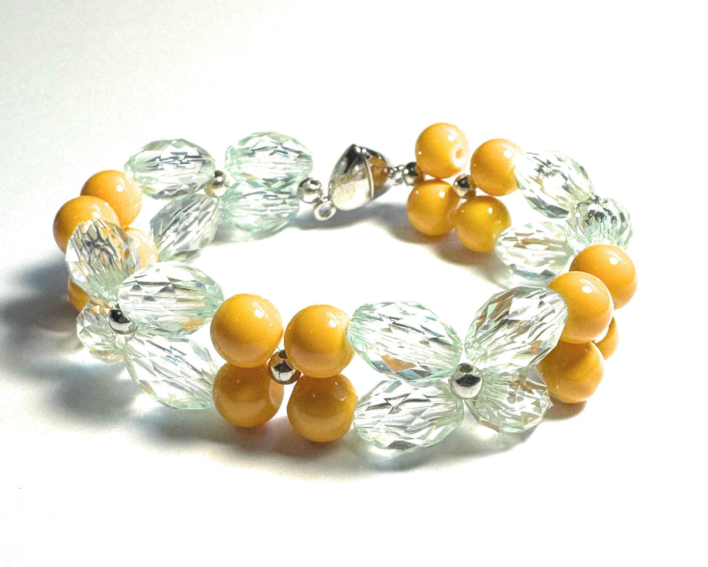 Yellow and Clear Beaded Bracelet with Heart Magnetic Clasp