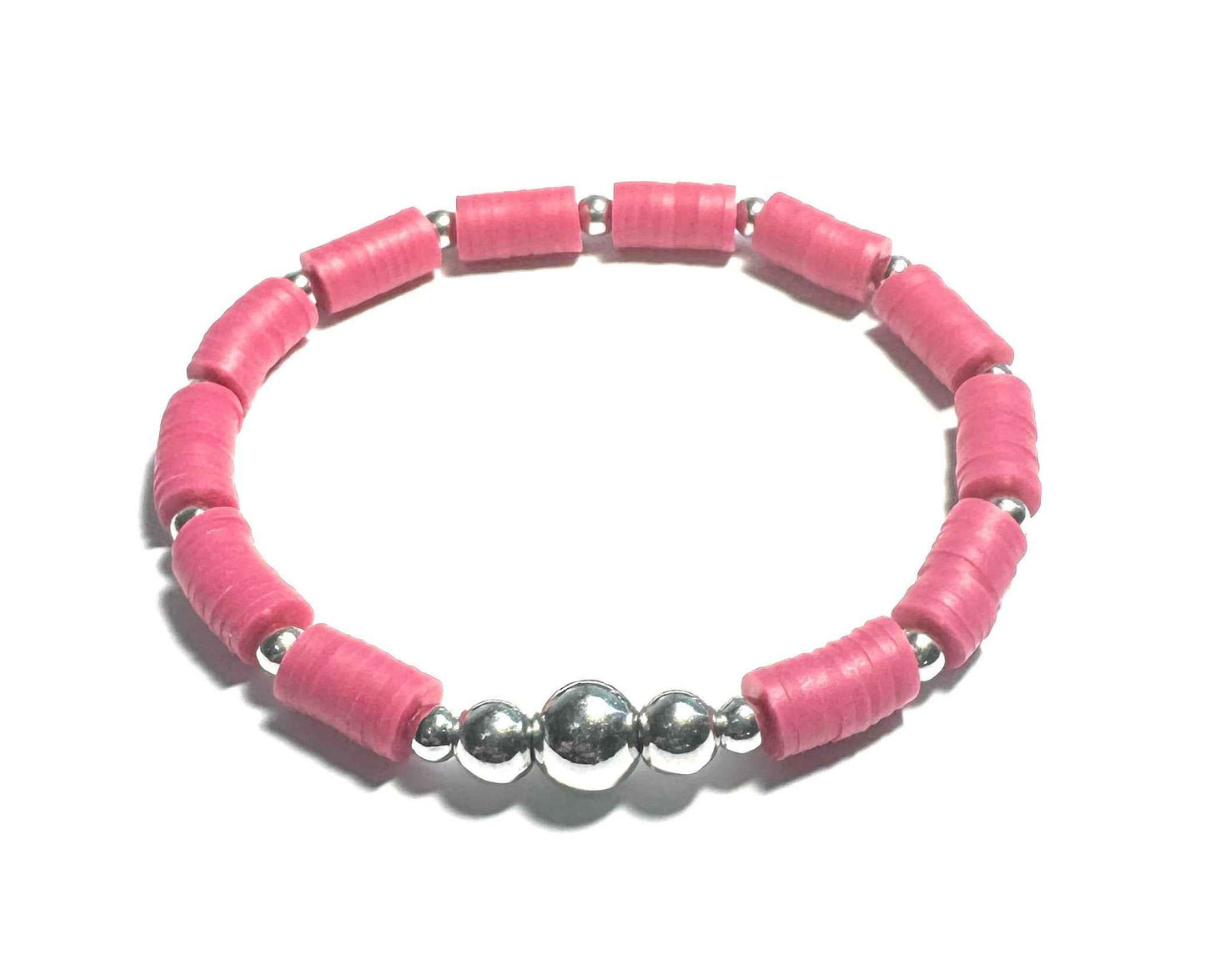 Pink Beaded Stretch Bracelet with Silver Metal Accents, Heishi Style