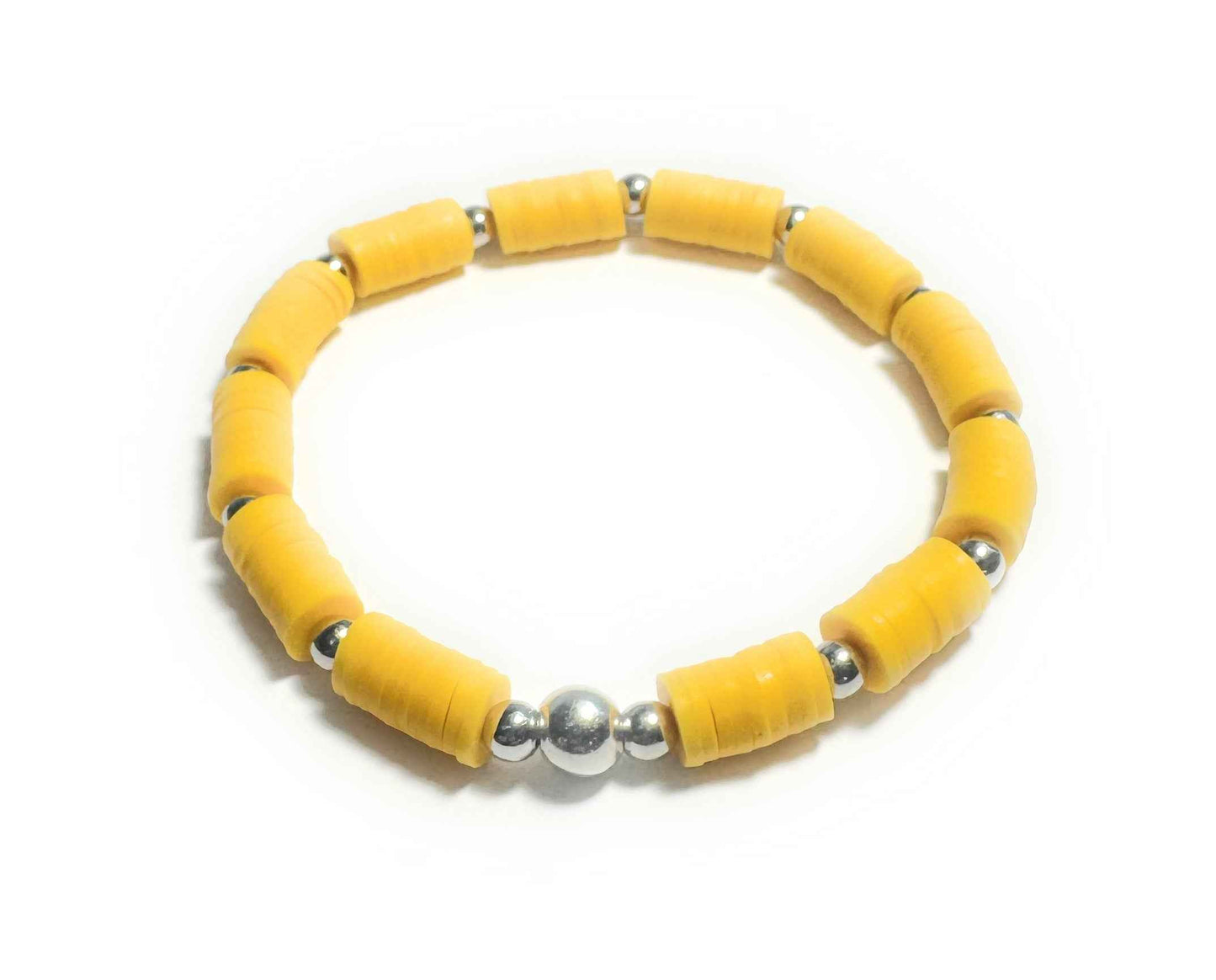 Yellow Beaded Stretch Bracelet with Silver Metallic Accent Beads, Heishi Style