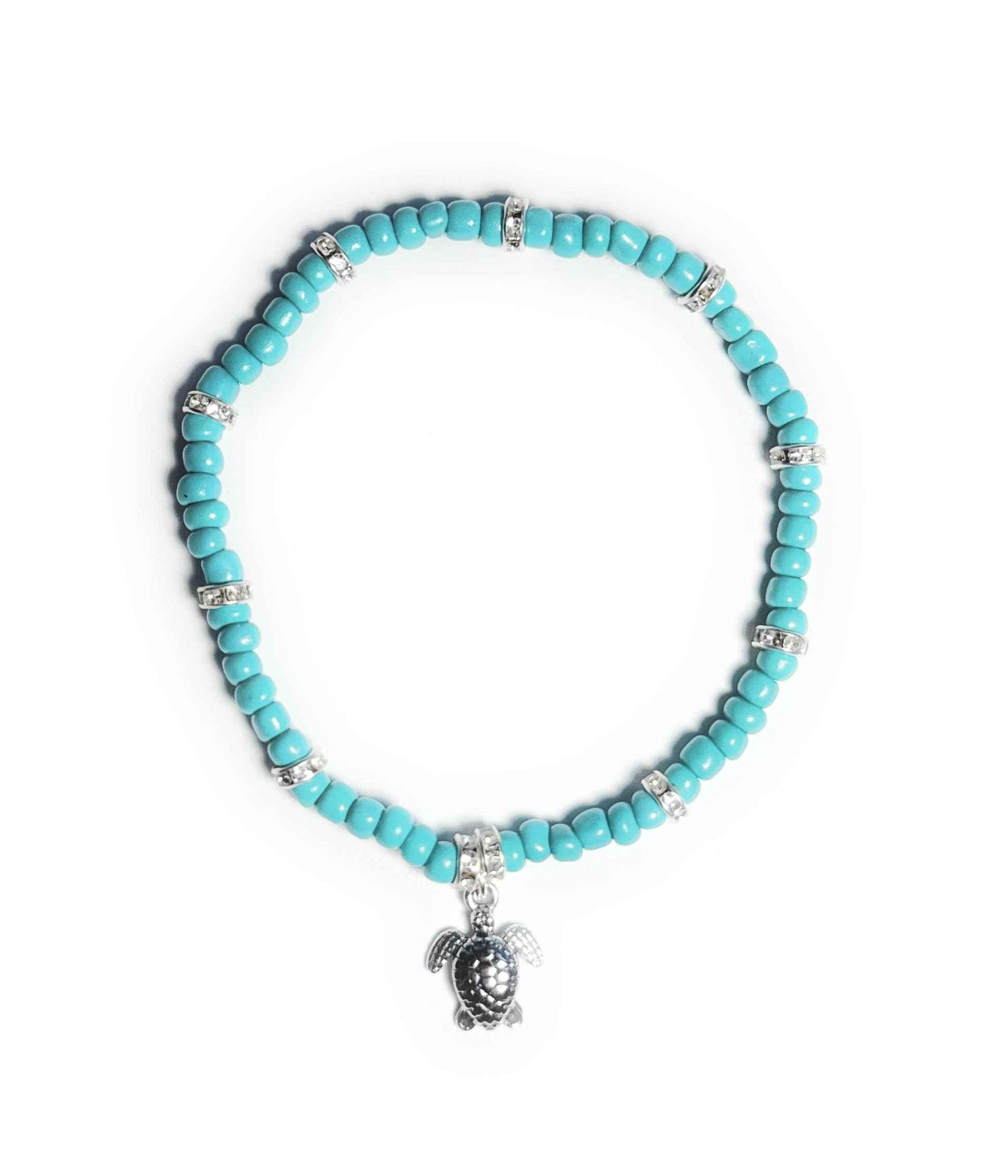 Teal Beaded Stretchy Bracelet with Silver Alloy Turtle Charm and Accents