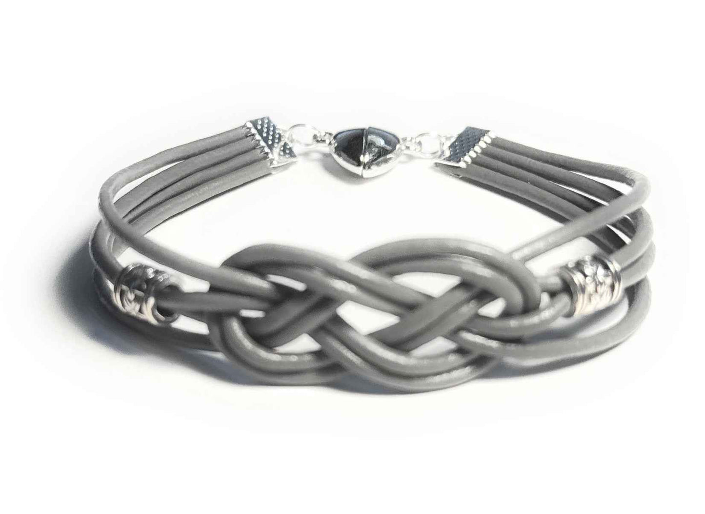 Gray Leather Celtic Knot Bracelet with Silver Alloy Accent Beads and Heart Magnetic Clasp