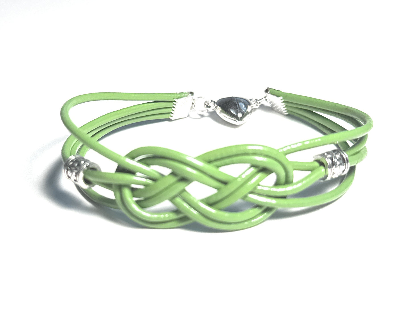 Green Leather Celtic Knot Bracelet with Silver Alloy Accents, Heart Magnetic Clasp