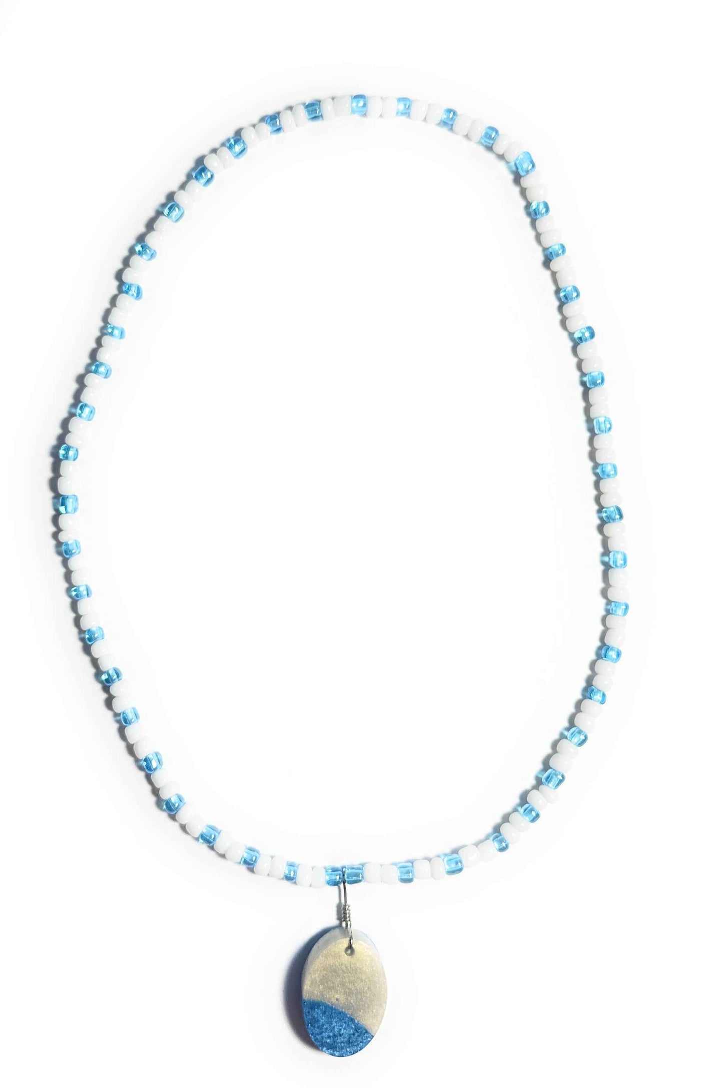 White and Blue Beaded Stretchy Necklace with White and Blue Oval Resin Pendant