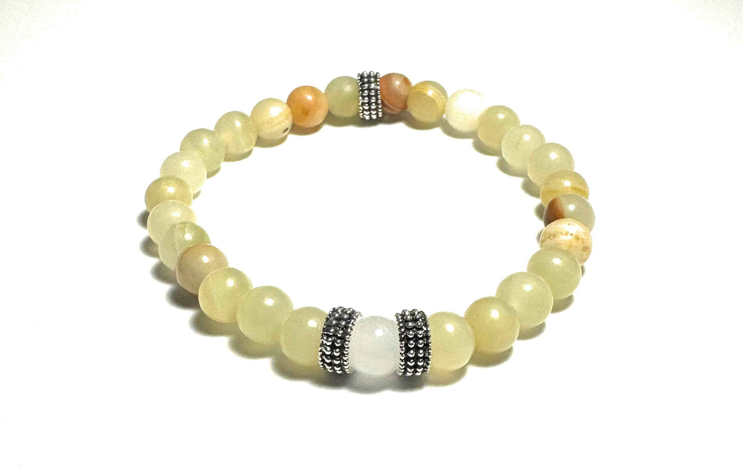 Natural Afghanistan Jade Beaded Bracelet, 6mm Stones, Silver Alloy Spacers, White