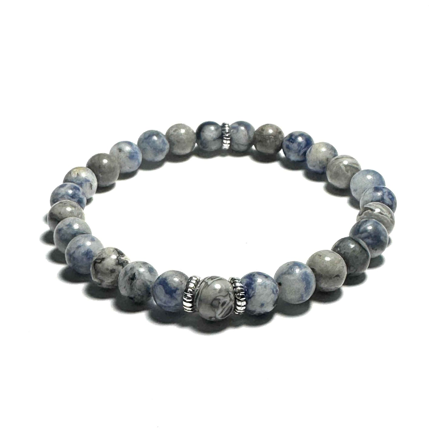 Natural Blue Dot Jasper and Map Jasper Beaded Bracelet, 6mm Gemstones, Silver Alloy Spacers