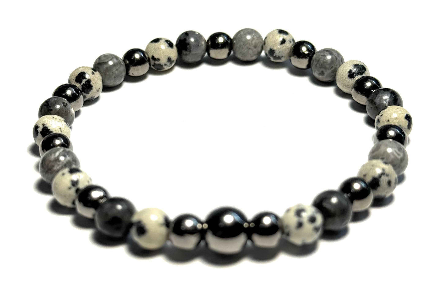 Natural Stone Beaded Bracelet, 6mm Dalmatian Jade, Larvikite, Map Jasper with Metallic Spacers