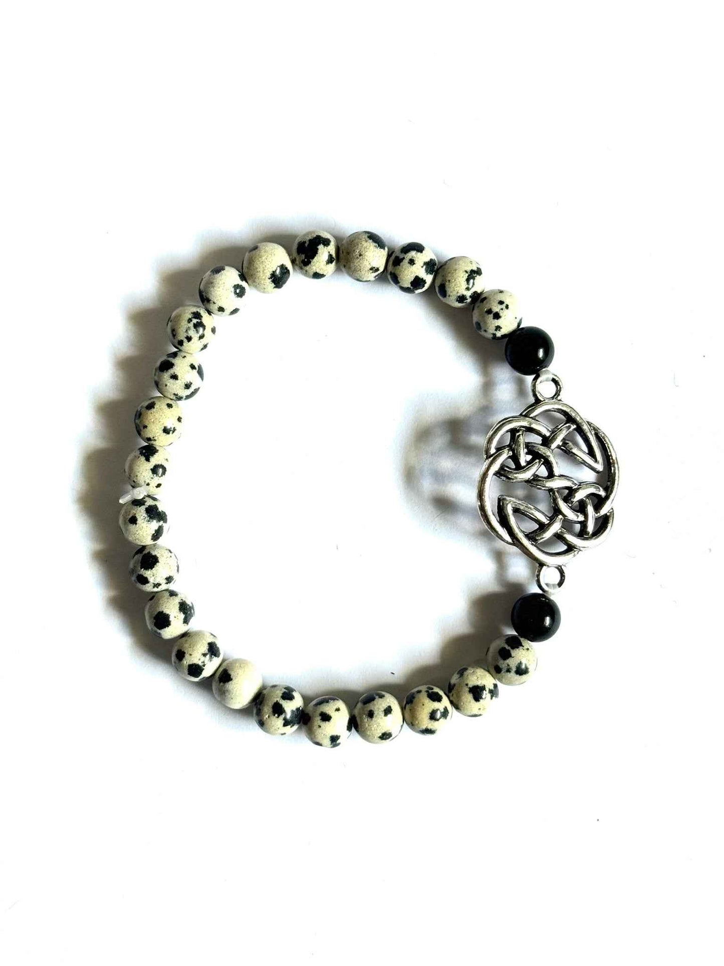 Dalmatian Jasper and Black Obsidian Beaded Bracelet with Celtic Knot Charm, Stretch Style