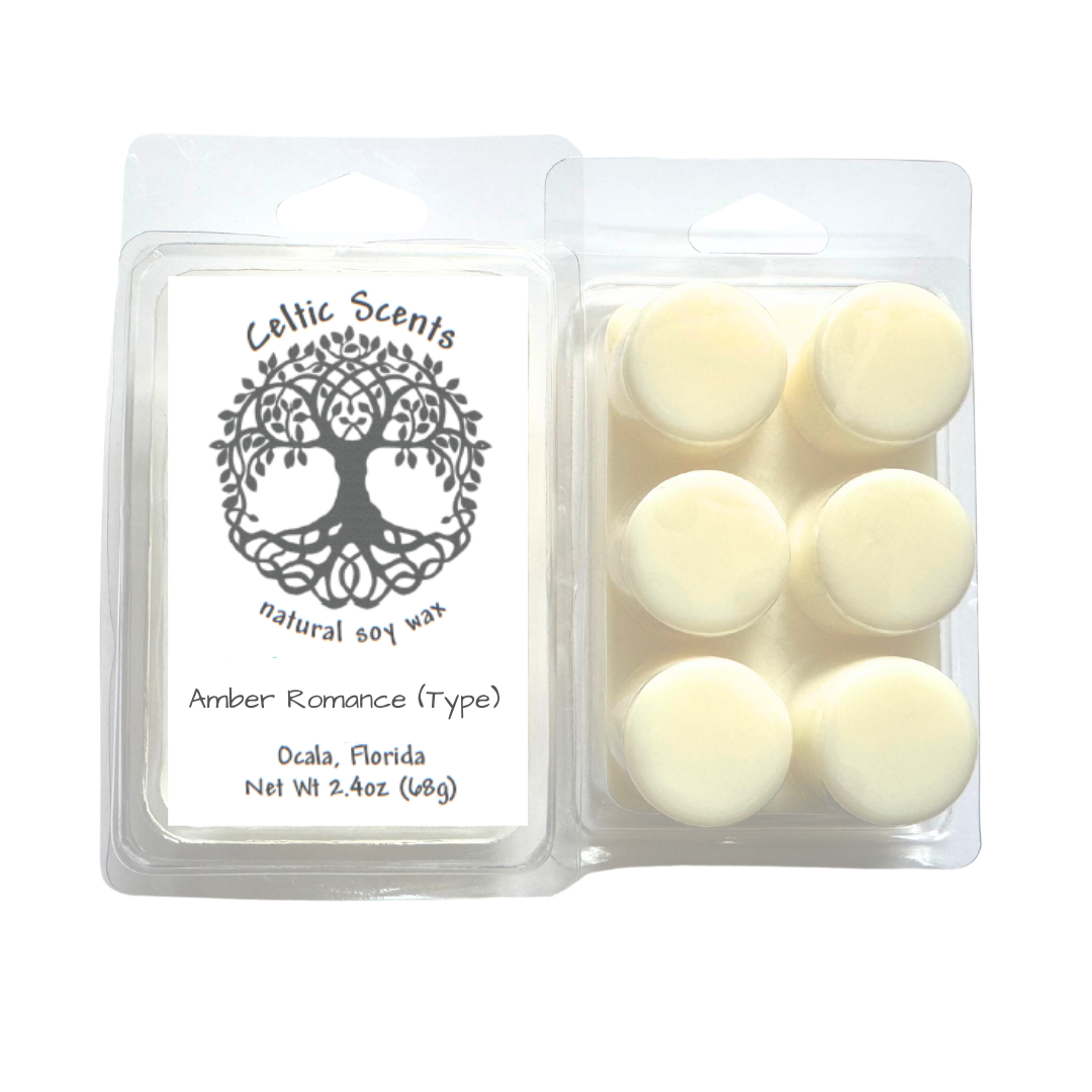 Celtic Scents Amber Romance natural soy wax melts in a clear clamshell package with six wax pieces