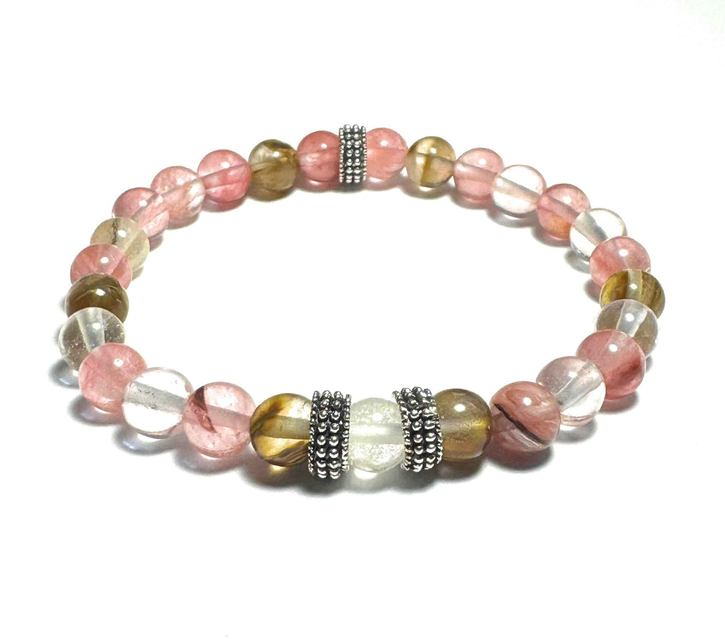 Natural Volcano Cherry Quartz Gemstone Bracelet, 6mm Beads, Silver Alloy Spacers
