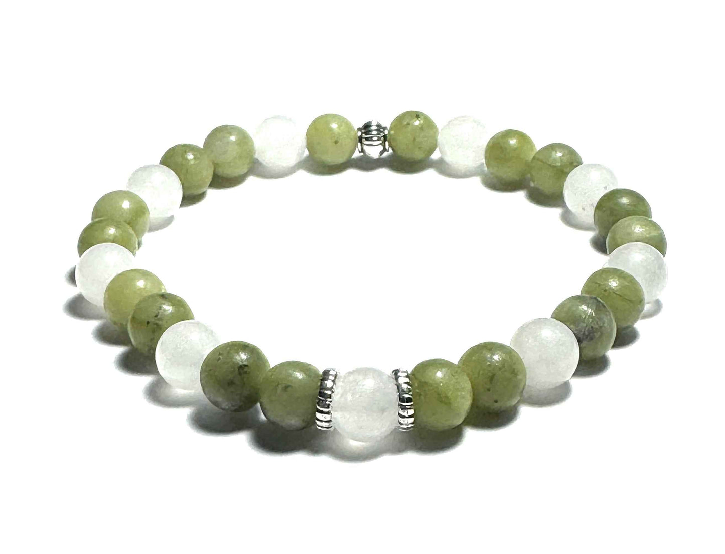 Natural Gemstone Beaded Bracelet, China Jade and White Jade, Silver Alloy Spacers