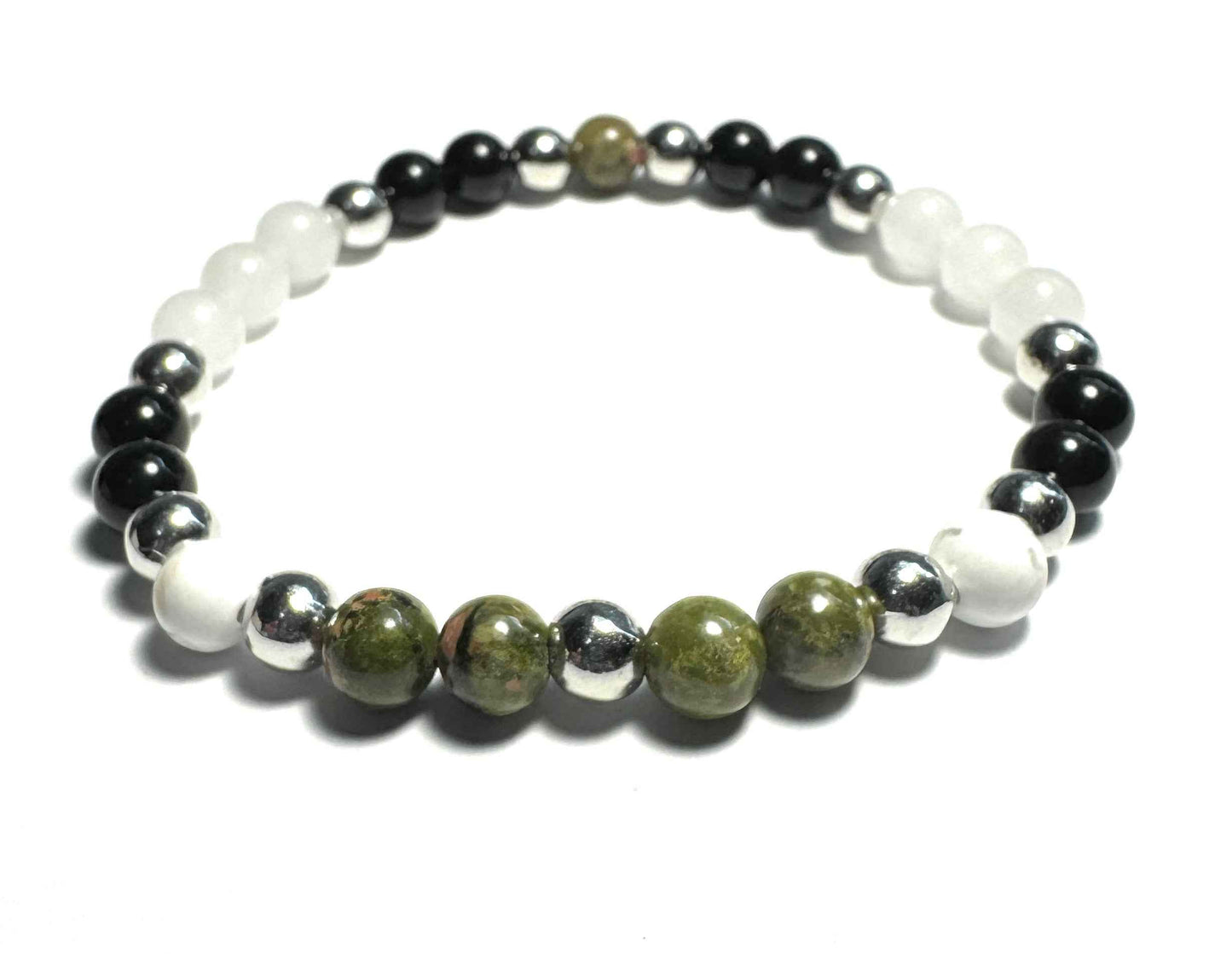 Gemstone Bracelet, 6mm Unakite, Obsidian, White Jade, Howlite with Silver Metallic Spacers