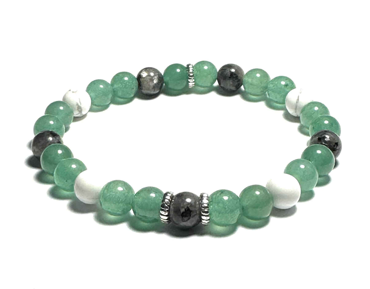 Natural Stone Bracelet, 6mm Green Aventurine, Howlite and Larvikite Beads, Silver Alloy Spacers