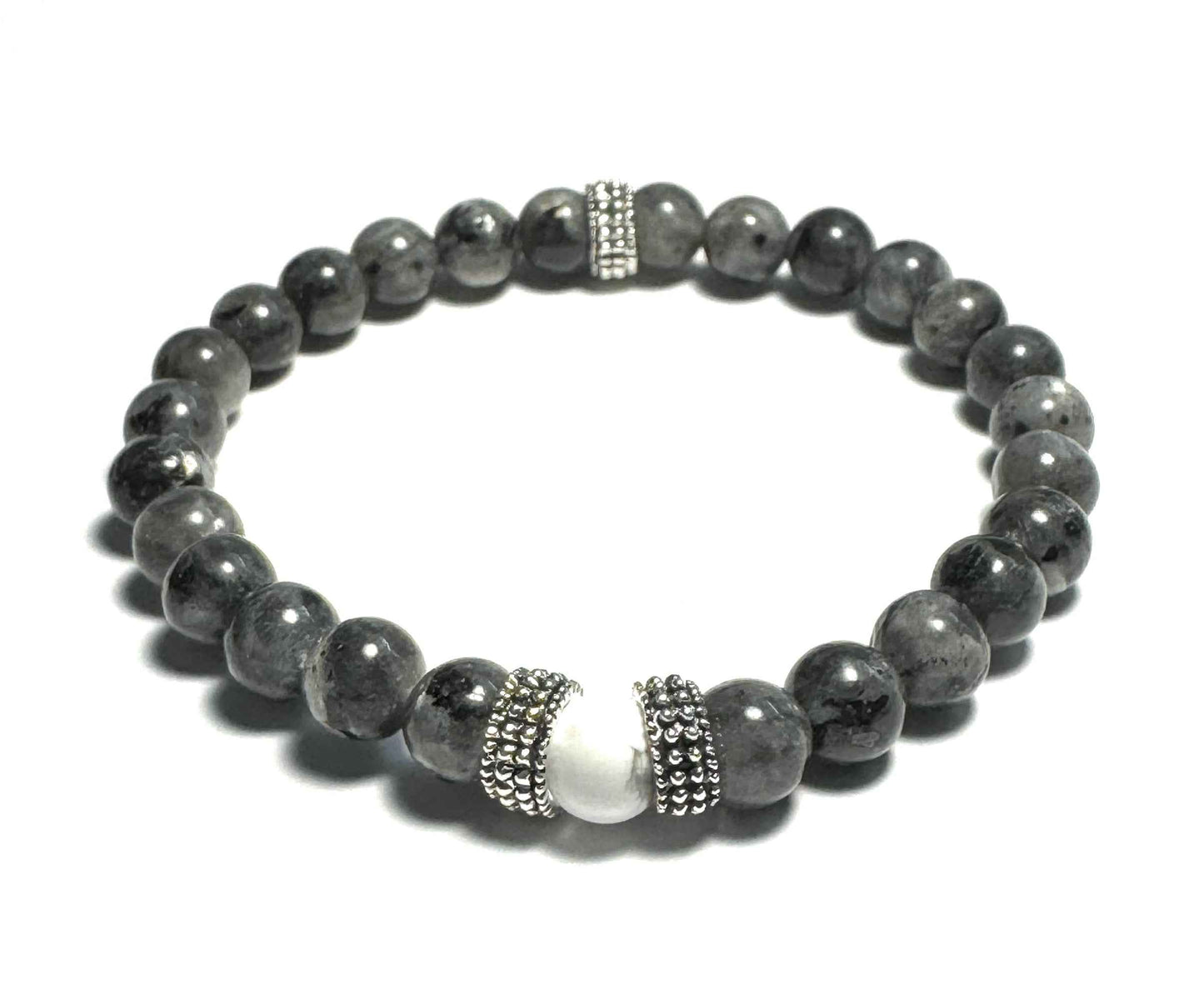 Larvikite and Howlite Beaded Bracelet, 6mm Gemstones, Silver Alloy Spacers