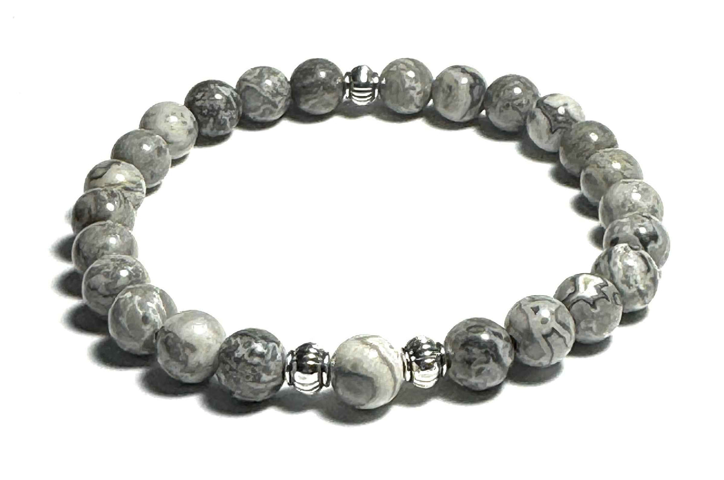 Natural Map Jasper Beaded Bracelet with Silver Alloy Accents, Gray and White