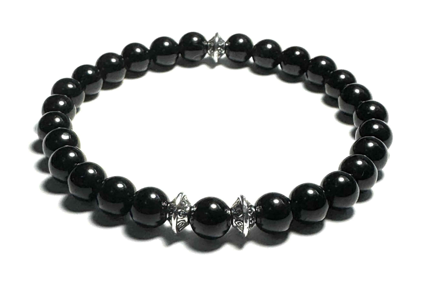 Obsidian Beaded Bracelet, 6mm Gemstones, Silver Alloy Spacers, Black