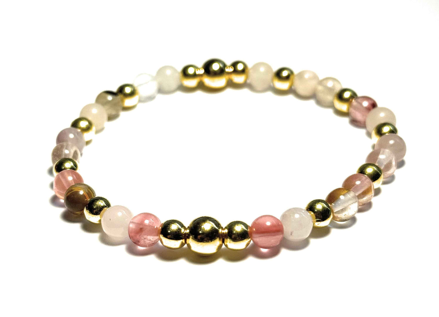 Natural Gemstone Bracelet, Volcano Cherry Quartz, Violets,and Pink Aventurine, 6mm Beads with Gold Metallic Accents