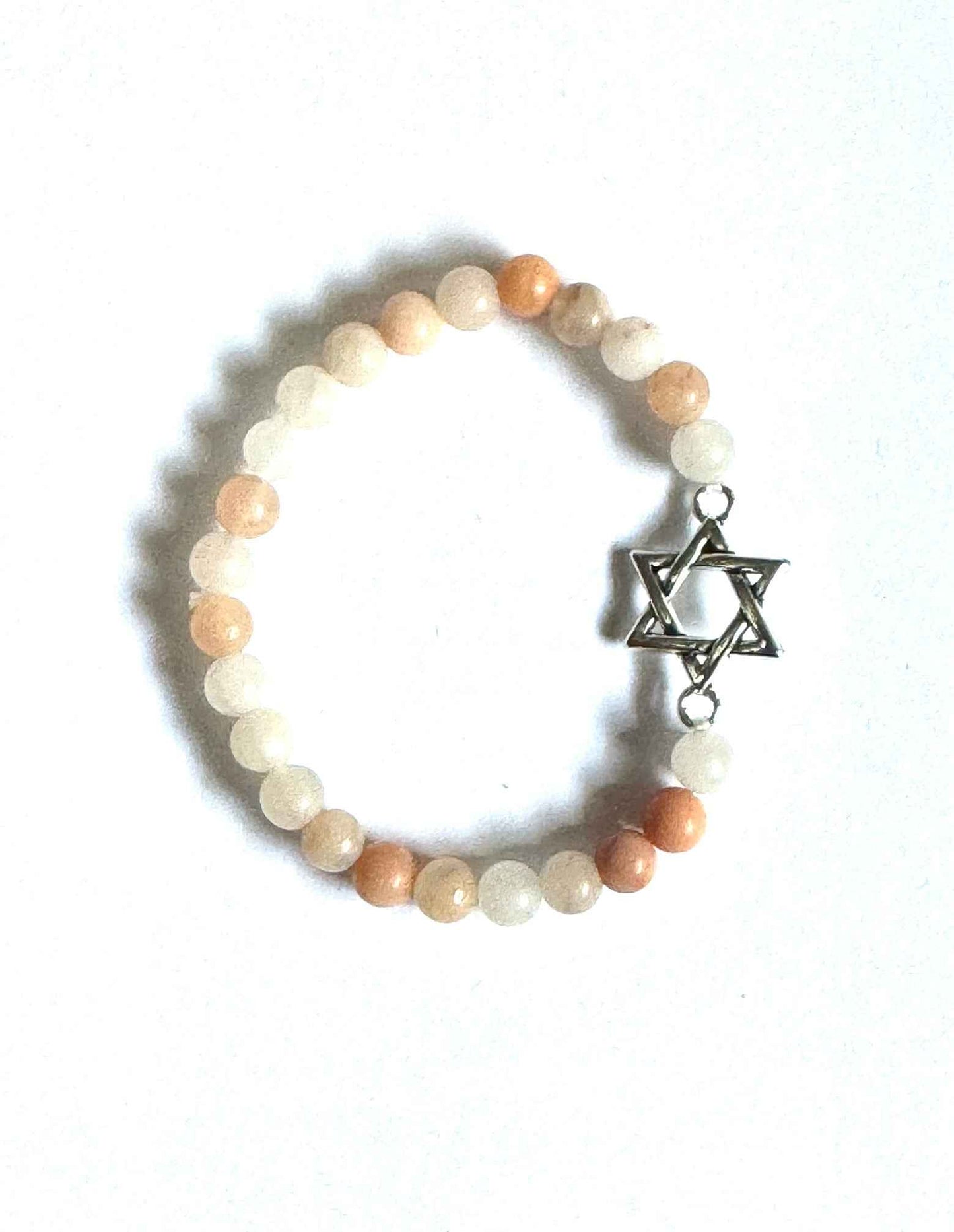 Star of David Bracelet, Pink Adventurine Gemstone Beads, Silver Alloy Charm, Stretch Style