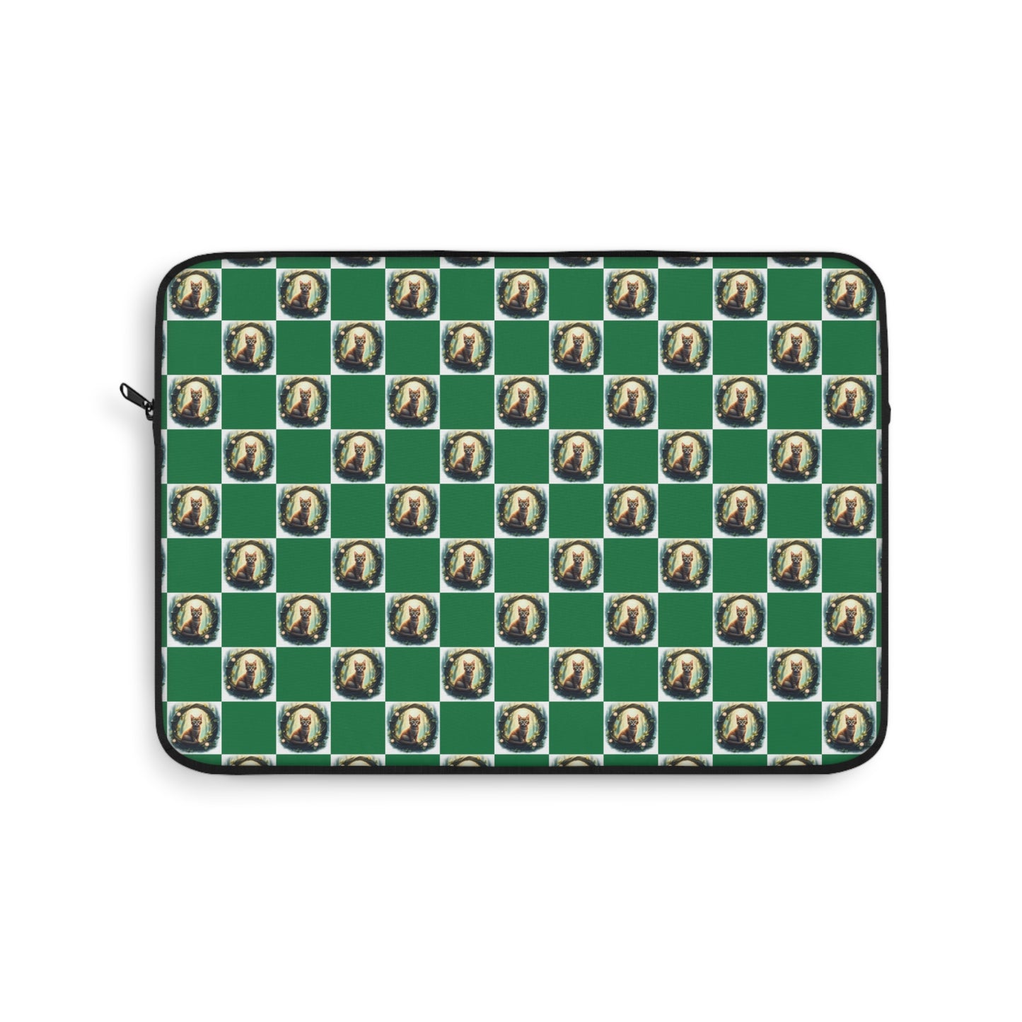 Chic Vintage Cat Laptop Sleeve, Green Checkered Tech Case, Stylish Computer Bag, Unique Gift for Students, Protect your Laptop - Celtic Scents