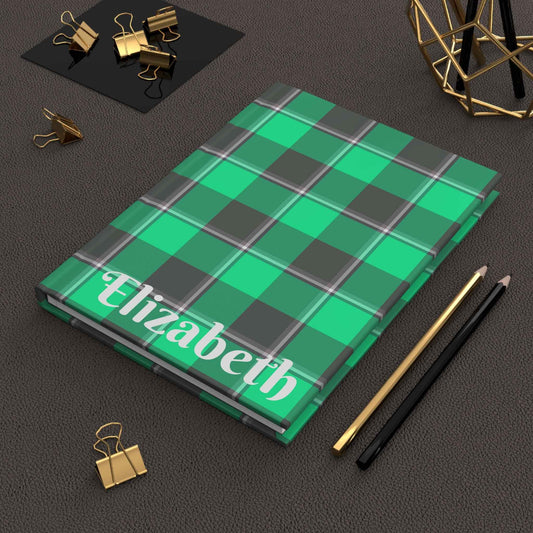 Personalized Plaid Hardcover Journal, Stylish Notebook for Journaling, Gifts for Students, Planners, Green Plaid Design