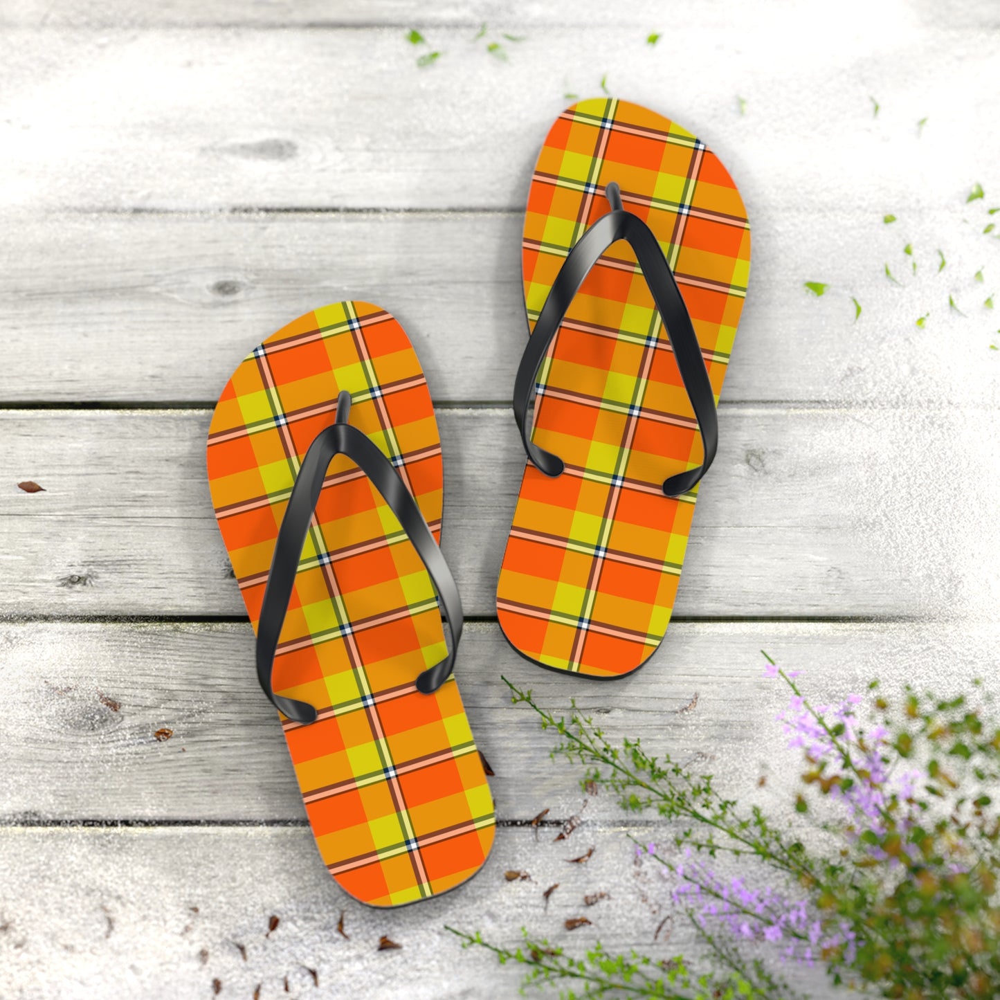 Bright Plaid Flip Flops | Summer Sandals, Beachwear, Vacation Footwear, Gift for Her, Casual Slip-Ons, Autumn Design - Celtic Scents