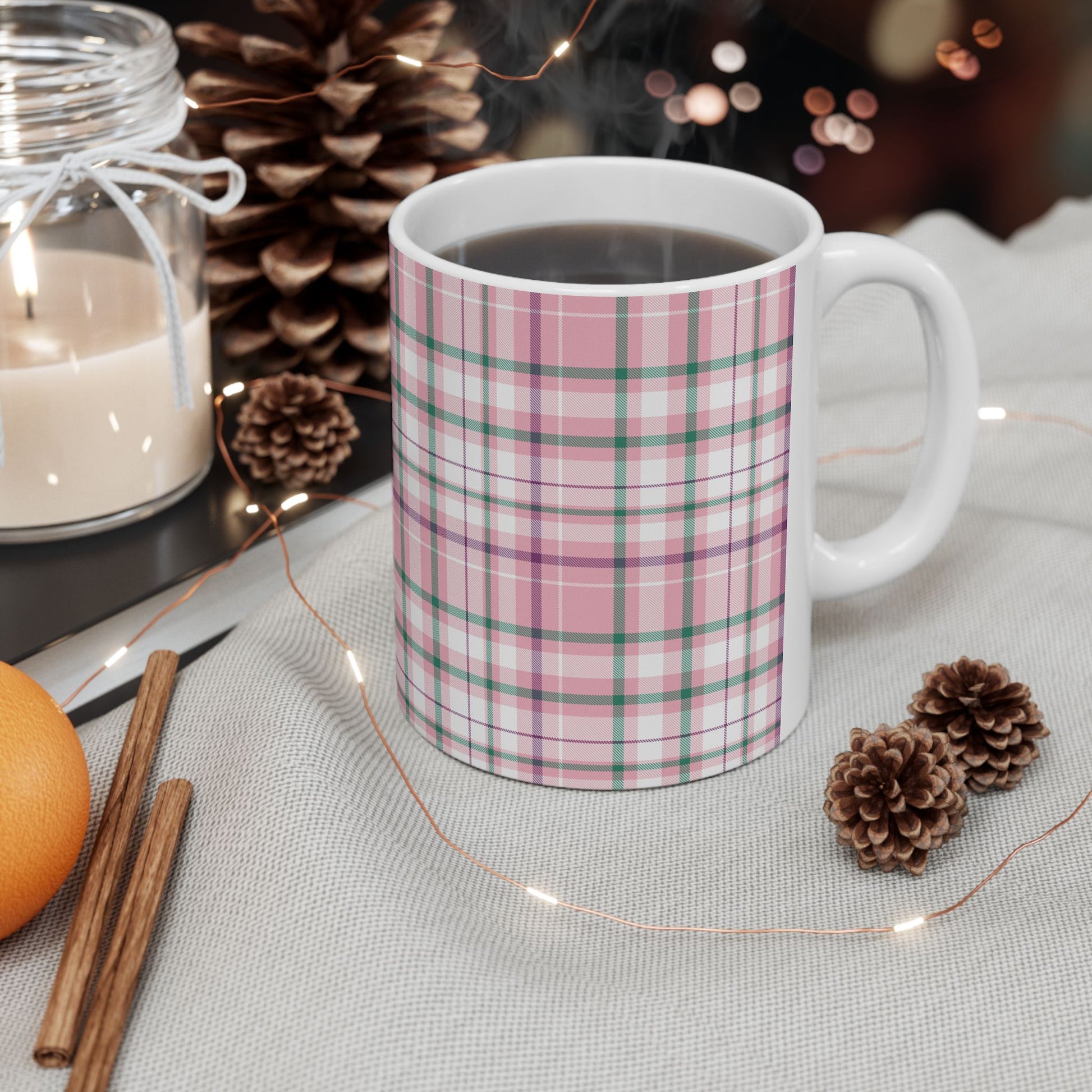 Cozy Multi Pink Plaid Mug | 11oz, 15oz Coffee Cup | Perfect for Autumn, Home Decor, Gift for Friends and Family, Warm Beverage Enjoyment - Celtic Scents
