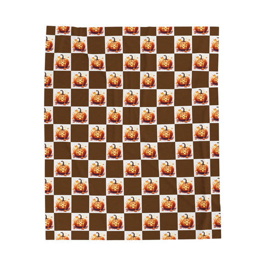 Cozy Pumpkin Check Velveteen Blanket | Fall Decor, Autumn Gift, Halloween Throw, Snuggle Blanket, Home Comfort