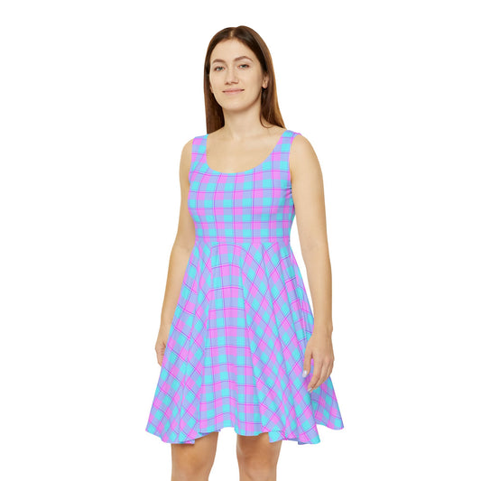 Vibrant Women's Skater Dress - Retro Pink and Blue Plaid, Cute Outfit for Parties, Summer Events, Date Nights, and Festivals
