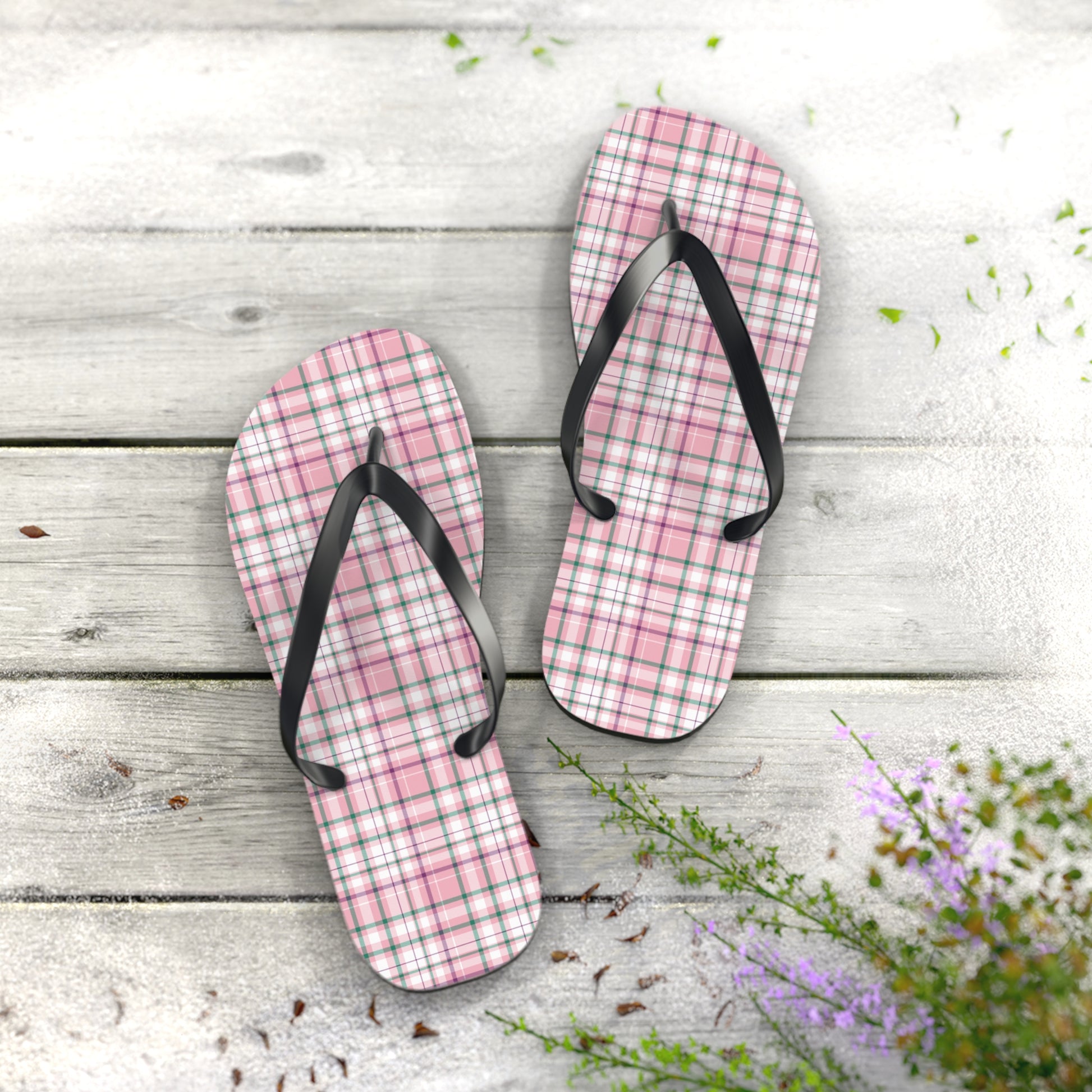 Chic Pink Plaid Flip Flops - Summer Style, Beach Essentials, Casual Footwear, Holiday Gift Ideas, Vacation Must-Have - Celtic Scents