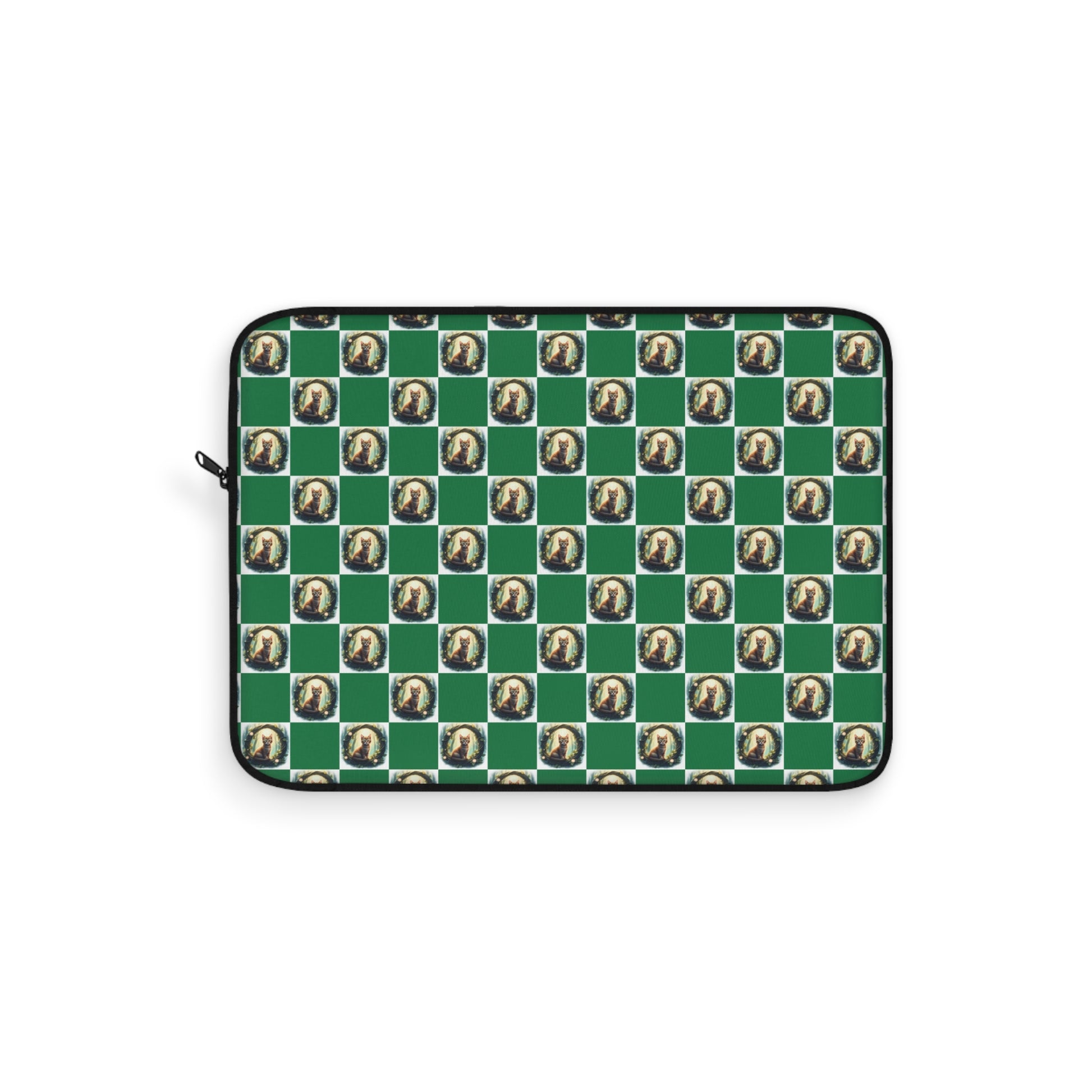 Chic Vintage Cat Laptop Sleeve, Green Checkered Tech Case, Stylish Computer Bag, Unique Gift for Students, Protect your Laptop - Celtic Scents
