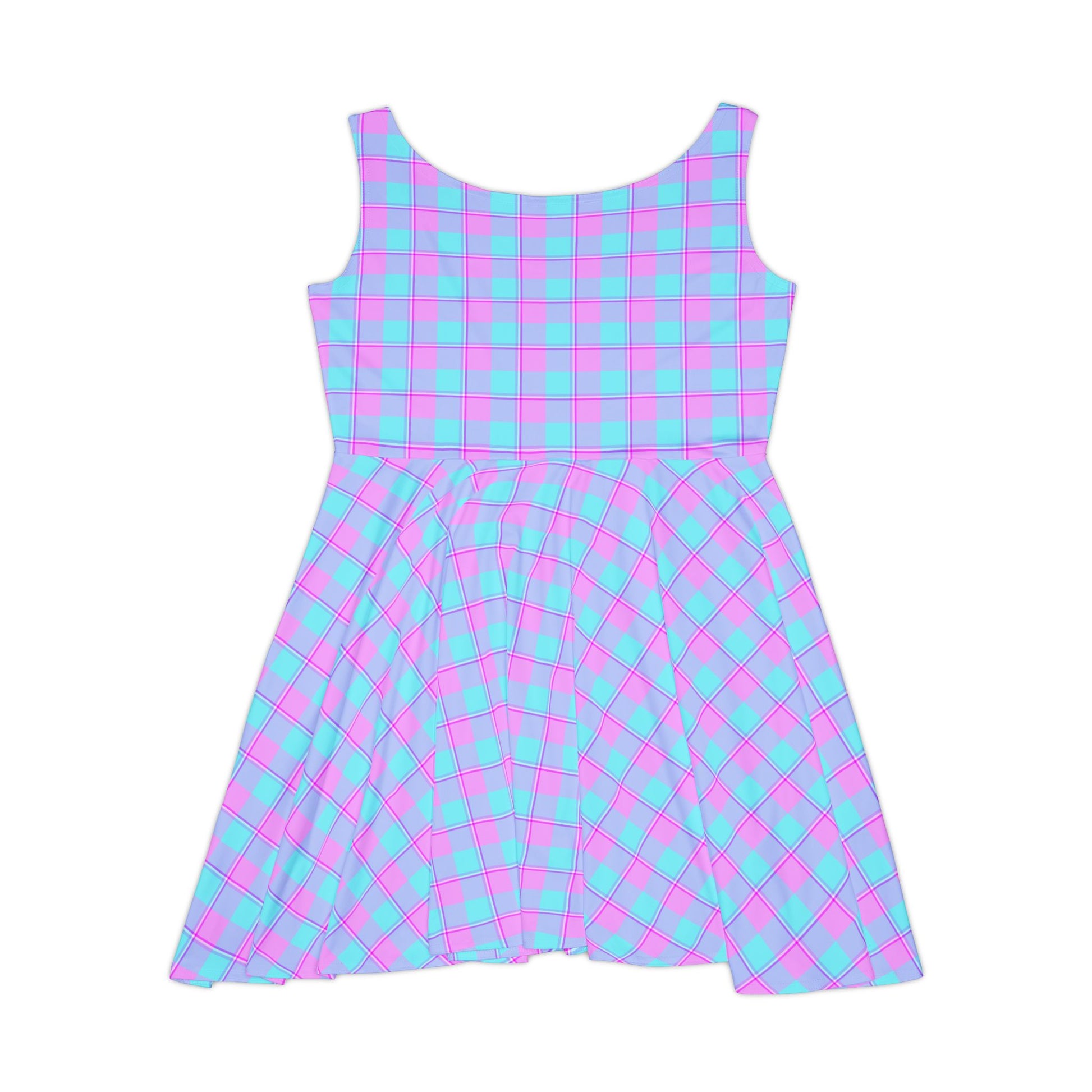 Vibrant Women's Skater Dress - Retro Pink and Blue Plaid, Cute Outfit for Parties, Summer Events, Date Nights, and Festivals - Celtic Scents