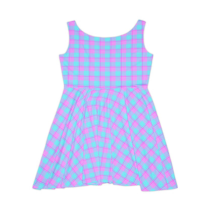Vibrant Women's Skater Dress - Retro Pink and Blue Plaid, Cute Outfit for Parties, Summer Events, Date Nights, and Festivals - Celtic Scents