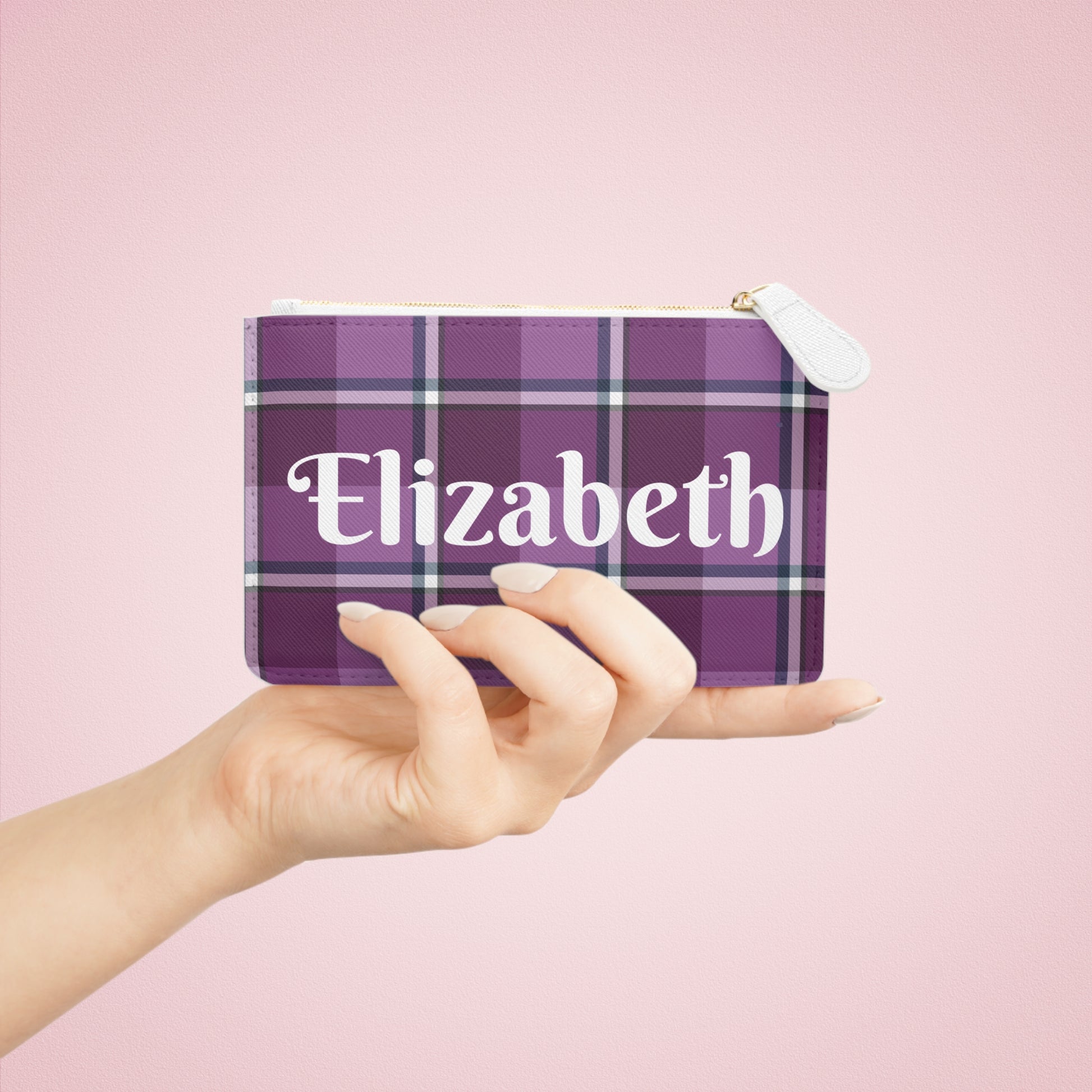 Personalized Mini Clutch Bag in Purple Plaid, Chic Makeup Pouch, Custom Name Wallet - Celtic Scents