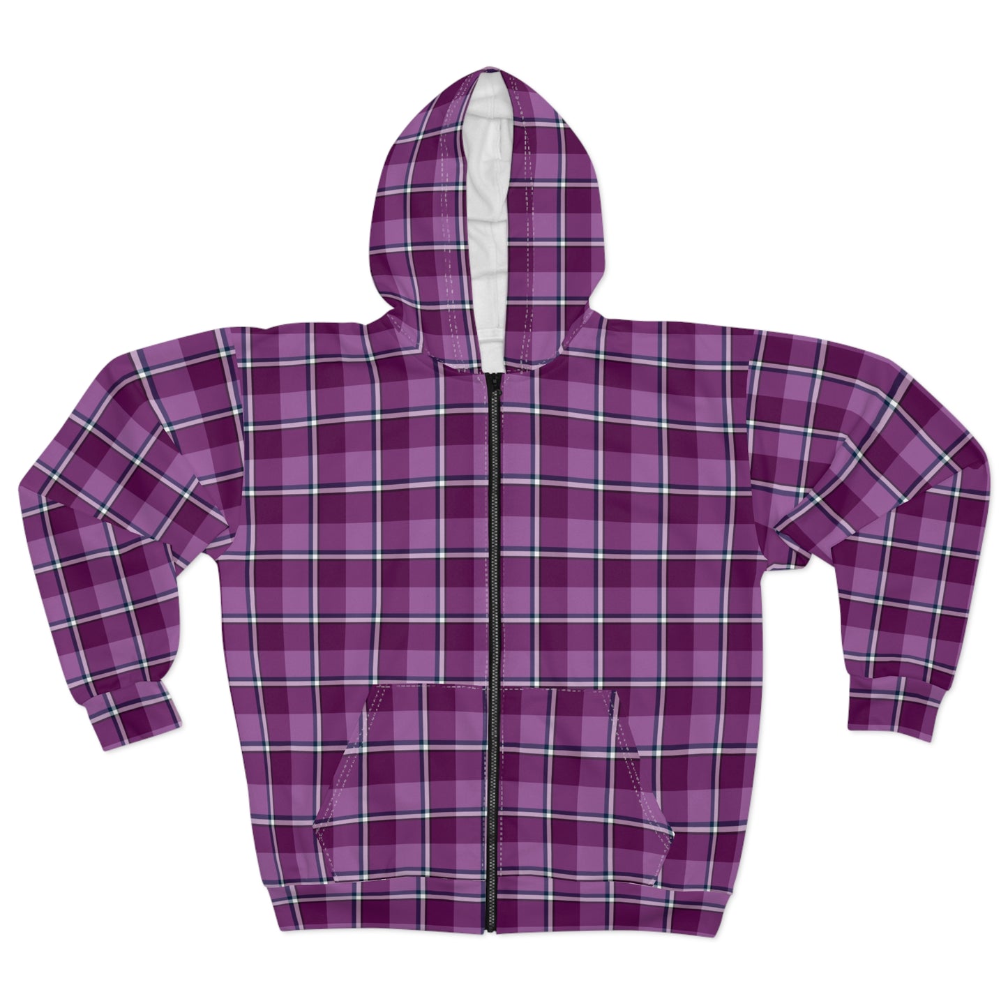 Stylish Purple Plaid Unisex Zip Hoodie, Comfortable Layering for All Seasons, Casual Wear, Gift for Her/Him, Cozy Lounge - Celtic Scents