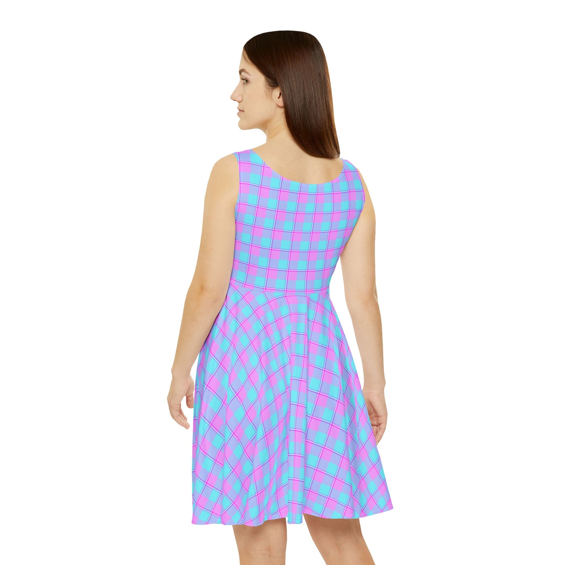 Vibrant Women's Skater Dress - Retro Pink and Blue Plaid, Cute Outfit for Parties, Summer Events, Date Nights, and Festivals - Celtic Scents