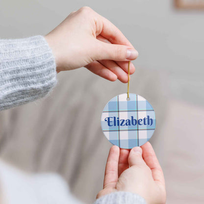 Personalized Ceramic Ornament, Custom Name Decoration, Holiday Gift, Home Decor, Plaid Design Ornament