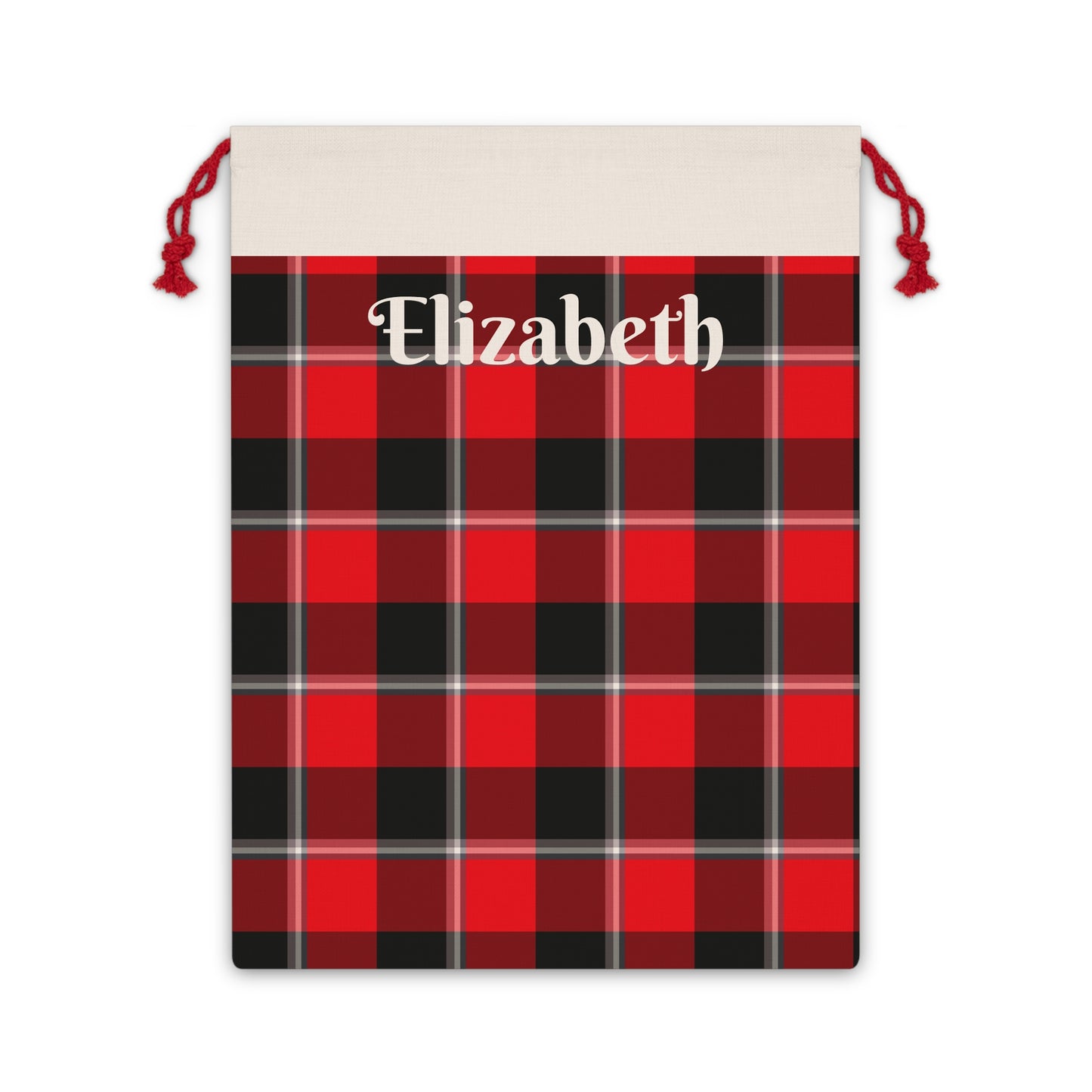 Personalized Plaid Gift Bag - Custom Holiday Packaging, Red and Black Checkered Drawstring Pouch, Unique Christmas or Birthday Gift