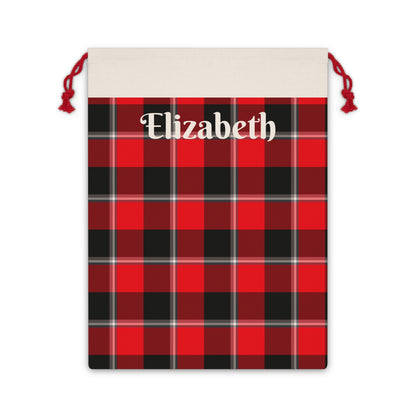 Personalized Plaid Gift Bag - Custom Holiday Packaging, Red and Black Checkered Drawstring Pouch, Unique Christmas or Birthday Gift