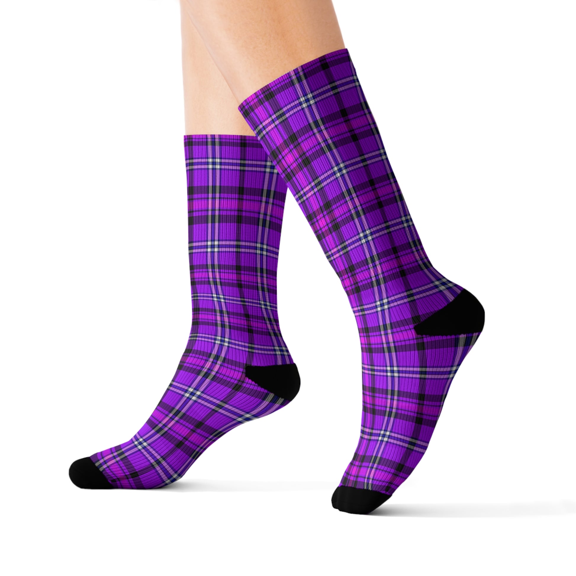 Purple Plaid Sublimation Socks, Cozy Gifts for Her, Fashionable Footwear - Celtic Scents