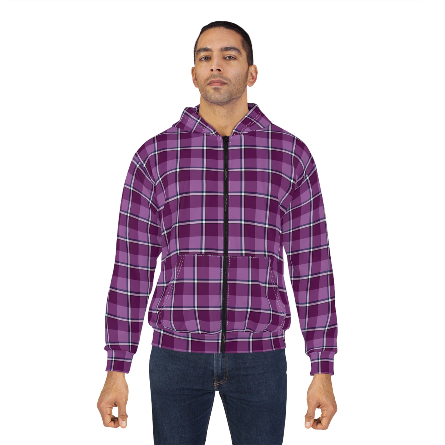 Stylish Purple Plaid Unisex Zip Hoodie, Comfortable Layering for All Seasons, Casual Wear, Gift for Her/Him, Cozy Lounge - Celtic Scents