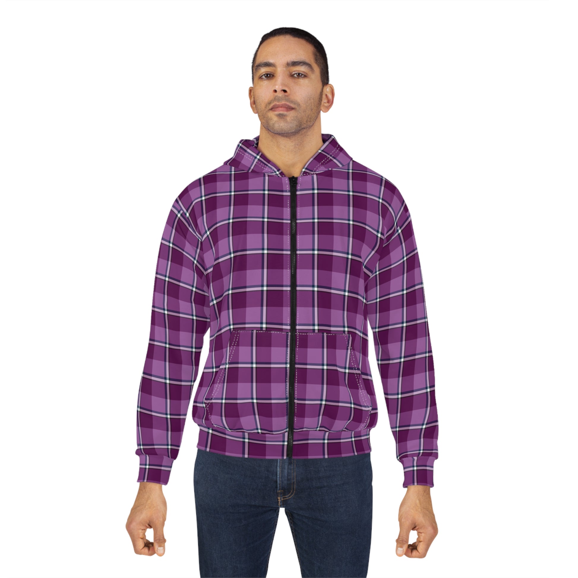 Stylish Purple Plaid Unisex Zip Hoodie, Comfortable Layering for All Seasons, Casual Wear, Gift for Her/Him, Cozy Lounge - Celtic Scents