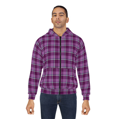 Stylish Purple Plaid Unisex Zip Hoodie, Comfortable Layering for All Seasons, Casual Wear, Gift for Her/Him, Cozy Lounge - Celtic Scents