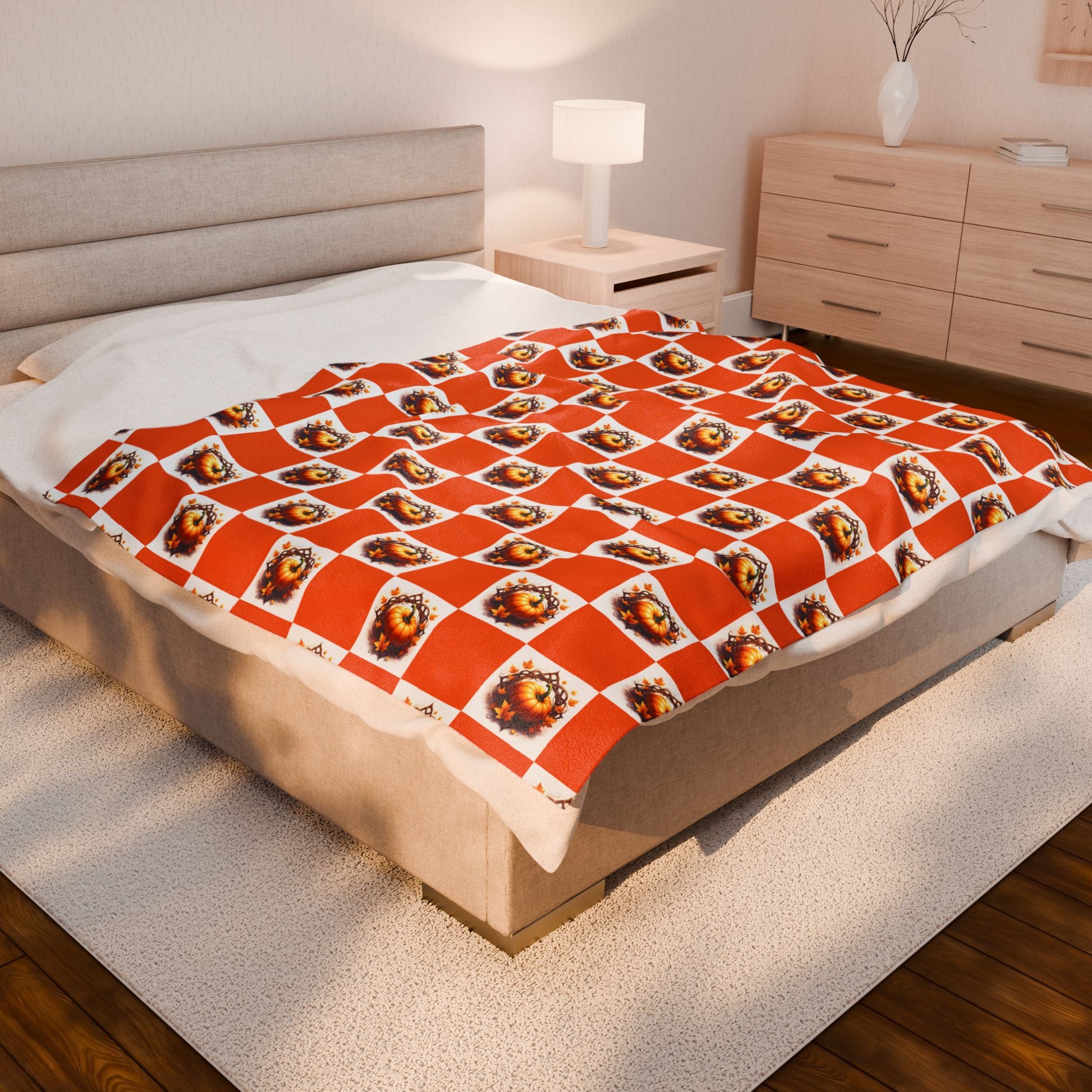 Vibrant Pumpkin Checkered Pattern Velveteen Plush Blanket, Cozy Home Decor, Gift for Her, Nursery Throw, Autumn Style - Celtic Scents