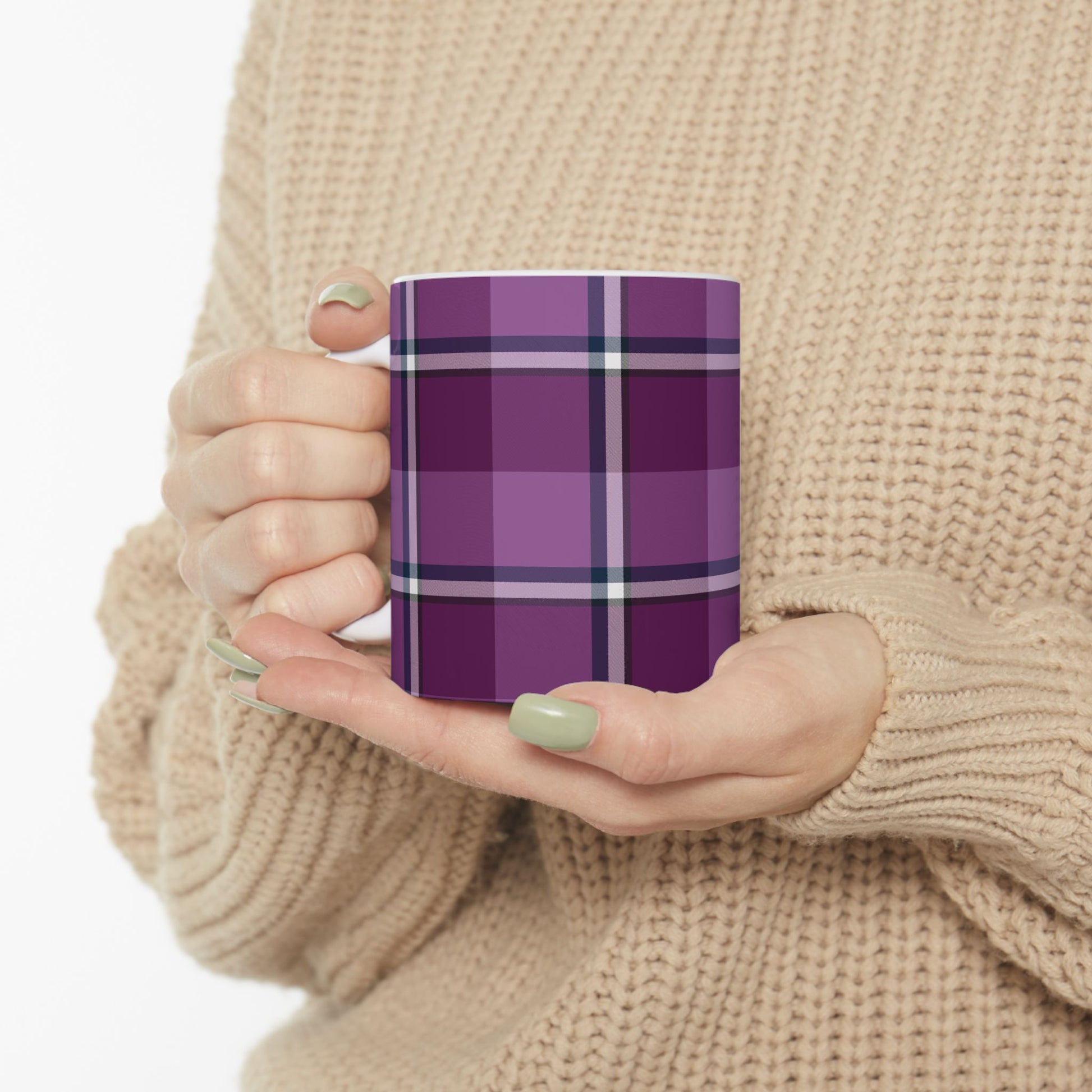 Cozy Plum Plaid Ceramic Mug - Perfect for Home, Gift for Coffee Lovers, Seasonal Decor, Tea Drinkers, Cozy Evenings - Celtic Scents