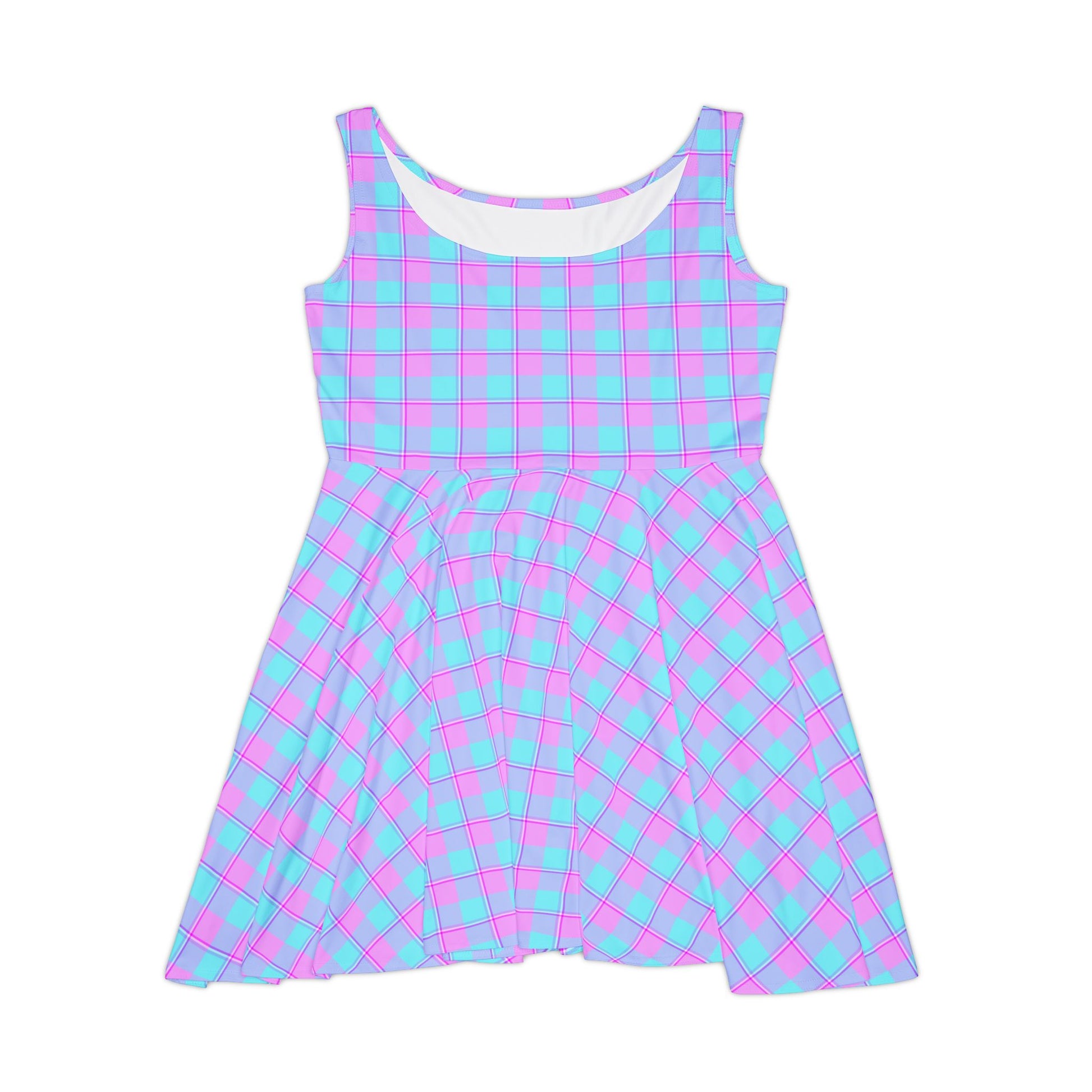 Vibrant Women's Skater Dress - Retro Pink and Blue Plaid, Cute Outfit for Parties, Summer Events, Date Nights, and Festivals - Celtic Scents