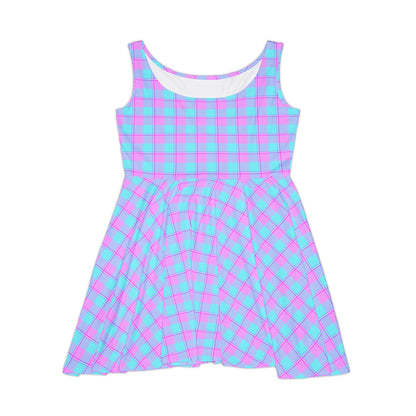 Vibrant Women's Skater Dress - Retro Pink and Blue Plaid, Cute Outfit for Parties, Summer Events, Date Nights, and Festivals - Celtic Scents