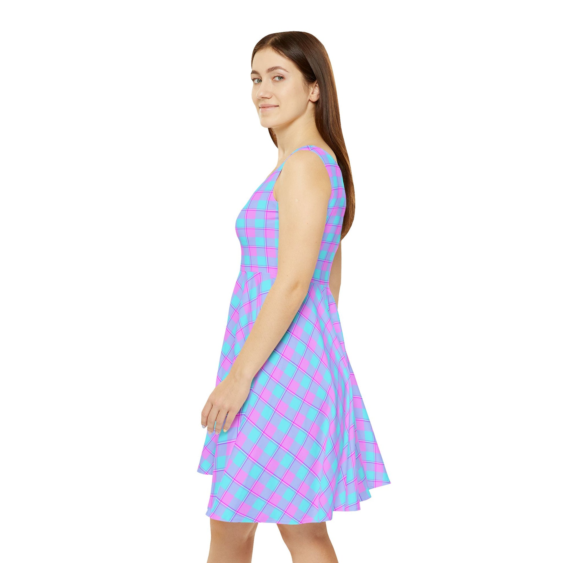 Vibrant Women's Skater Dress - Retro Pink and Blue Plaid, Cute Outfit for Parties, Summer Events, Date Nights, and Festivals - Celtic Scents