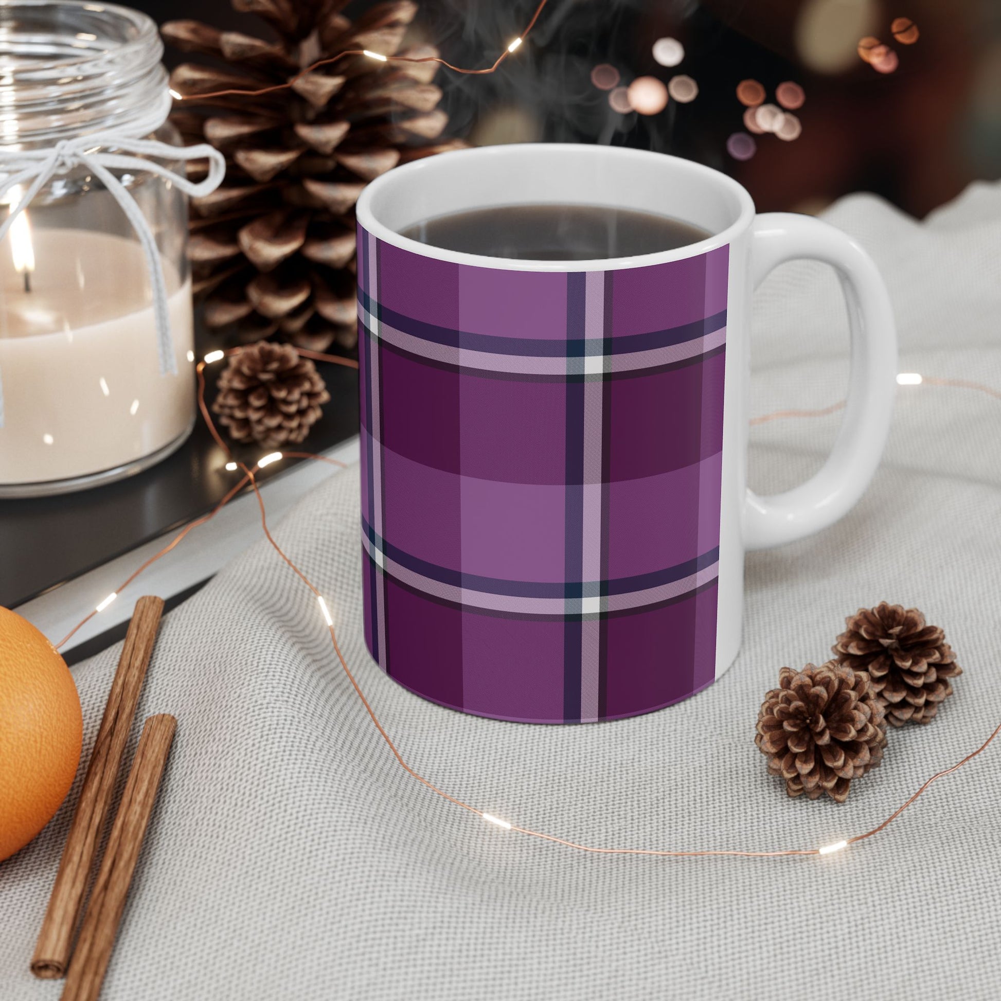 Cozy Plum Plaid Ceramic Mug - Perfect for Home, Gift for Coffee Lovers, Seasonal Decor, Tea Drinkers, Cozy Evenings - Celtic Scents
