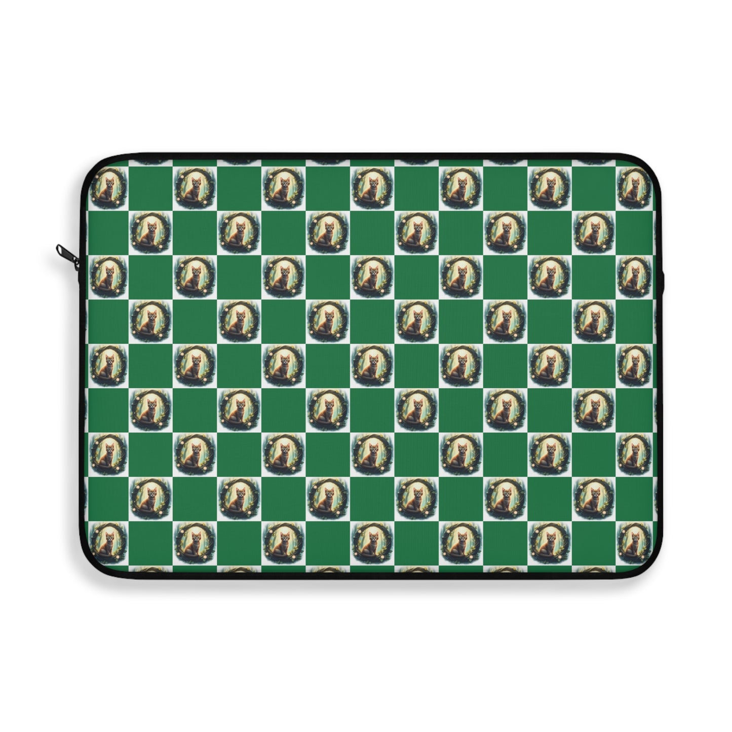 Chic Vintage Cat Laptop Sleeve, Green Checkered Tech Case, Stylish Computer Bag, Unique Gift for Students, Protect your Laptop - Celtic Scents
